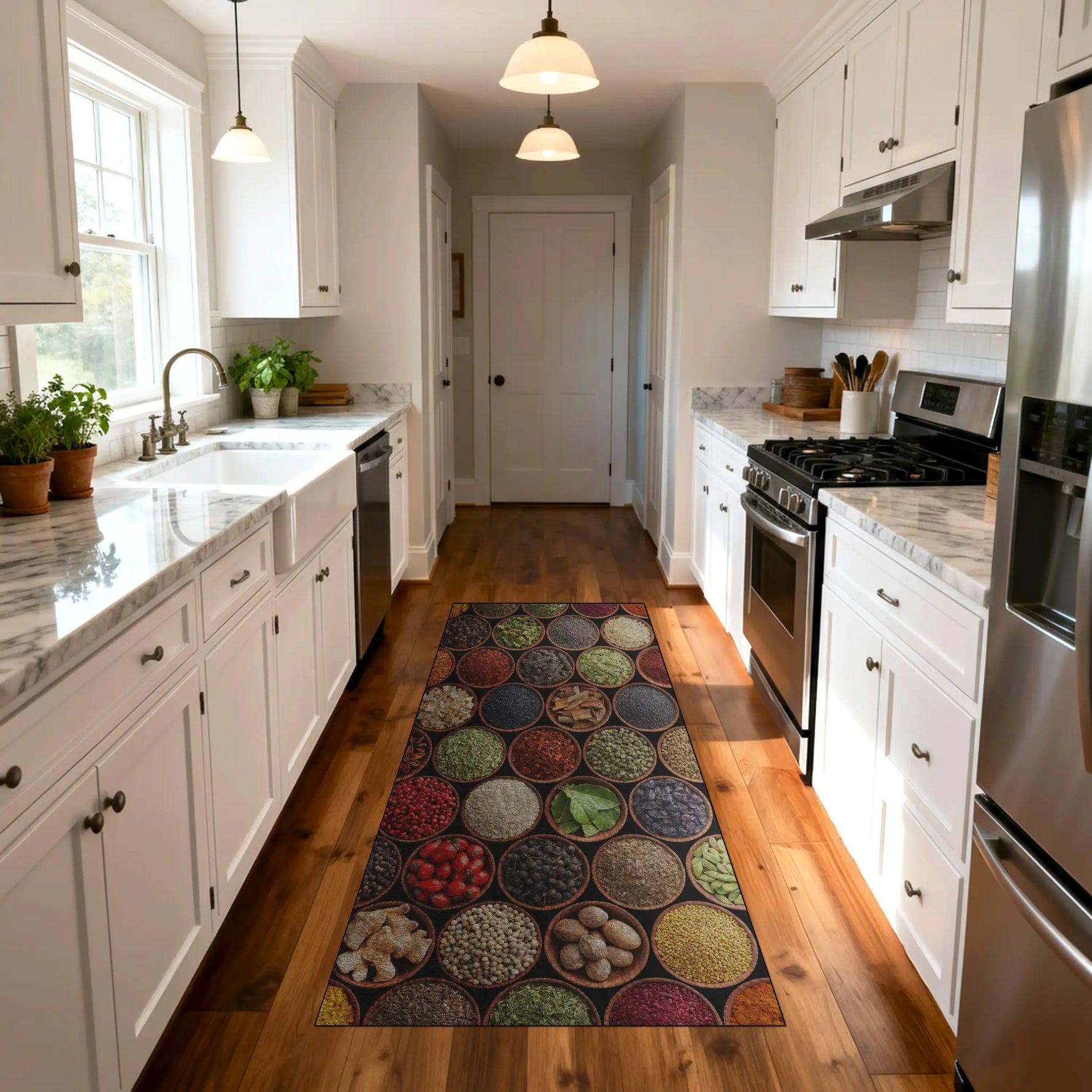 Vibrant kitchen rug with circular spice pattern