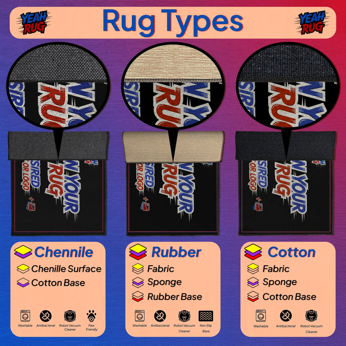 Custom-made washable rug displayed with vibrant furniture and decor