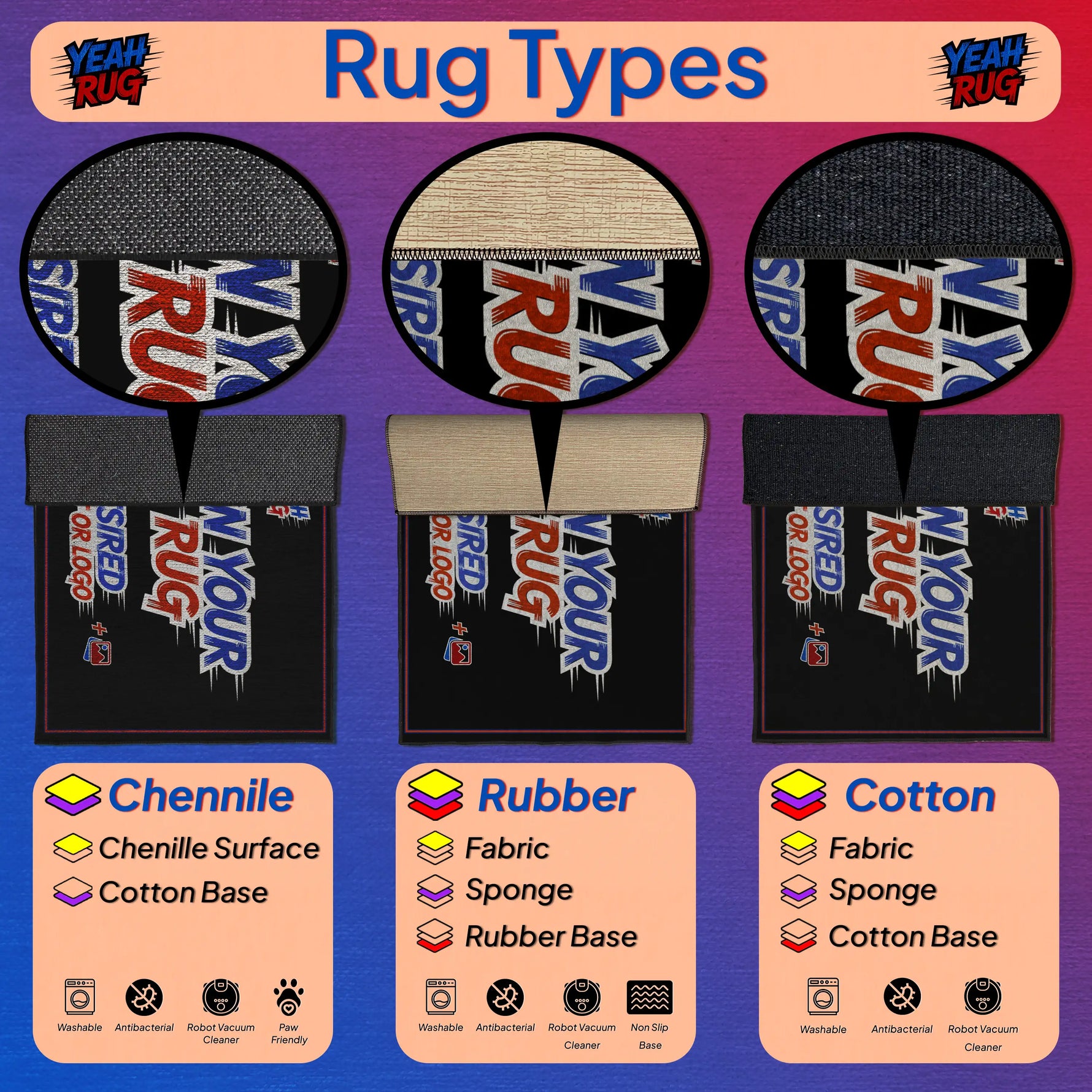 Custom-made washable rug displayed with vibrant furniture and decor