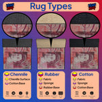 Diagram of rug types with Chenille, Rubber, and Cotton textures on a colorful background.