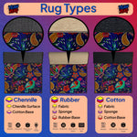 Illustration of rug types with Chenille, Rubber, and Cotton labels on a colorful background.