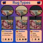 Comparison of rug types including Chenille, Rubber, and Cotton with floral patterns on a colorful background.