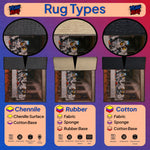 Comparison of rug types with labels for Chenille, Rubber, and Cotton on a colorful background.