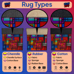 Illustration of rug types with colorful geometric patterns and text labels on a purple background.

