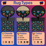 Illustration of rug types with colorful floral patterns on a purple background