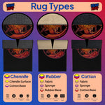 Illustration of rug types with labels for Chenille, Rubber, and Cotton materials on a colorful background.