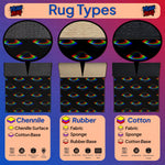 Comparison chart of rug types including Chenille, Rubber, and Cotton with corresponding images and descriptions.