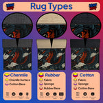Diagram of rug types with chenille, rubber, and cotton materials on a purple background.
