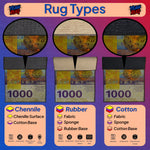 Illustration of different rug types with text labels on a colorful background

