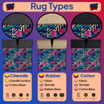 Three rug samples with different patterns and text explaining Chenille, Rubber, and Cotton rug types on a purple background.