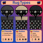 Illustration of different rug types with paw print patterns and labels for chenille, rubber, and cotton bases.