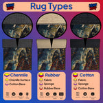 Diagram of rug types including Chenille, Rubber, and Cotton with corresponding base materials.