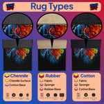 Comparison of rug types including Chenille, Rubber, and Cotton with colorful abstract designs on a purple background.