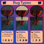 Comparison of rug types with Chenille, Rubber, and Cotton materials on a purple background.
