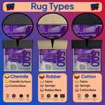 Diagram of rug types with chenille, rubber, and cotton textures on a purple background.


