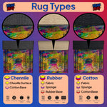 Illustration of rug types with Chenille, Rubber, and Cotton materials on a purple background.