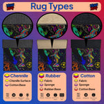 Three types of rugs labeled 'Chenille', 'Rubber', and 'Cotton' with colorful designs on a purple background.