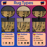 Illustration of rug types with labels for Chenille, Rubber, and Cotton on a colorful background.