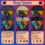 Illustration of different rug types with colorful designs on a purple background