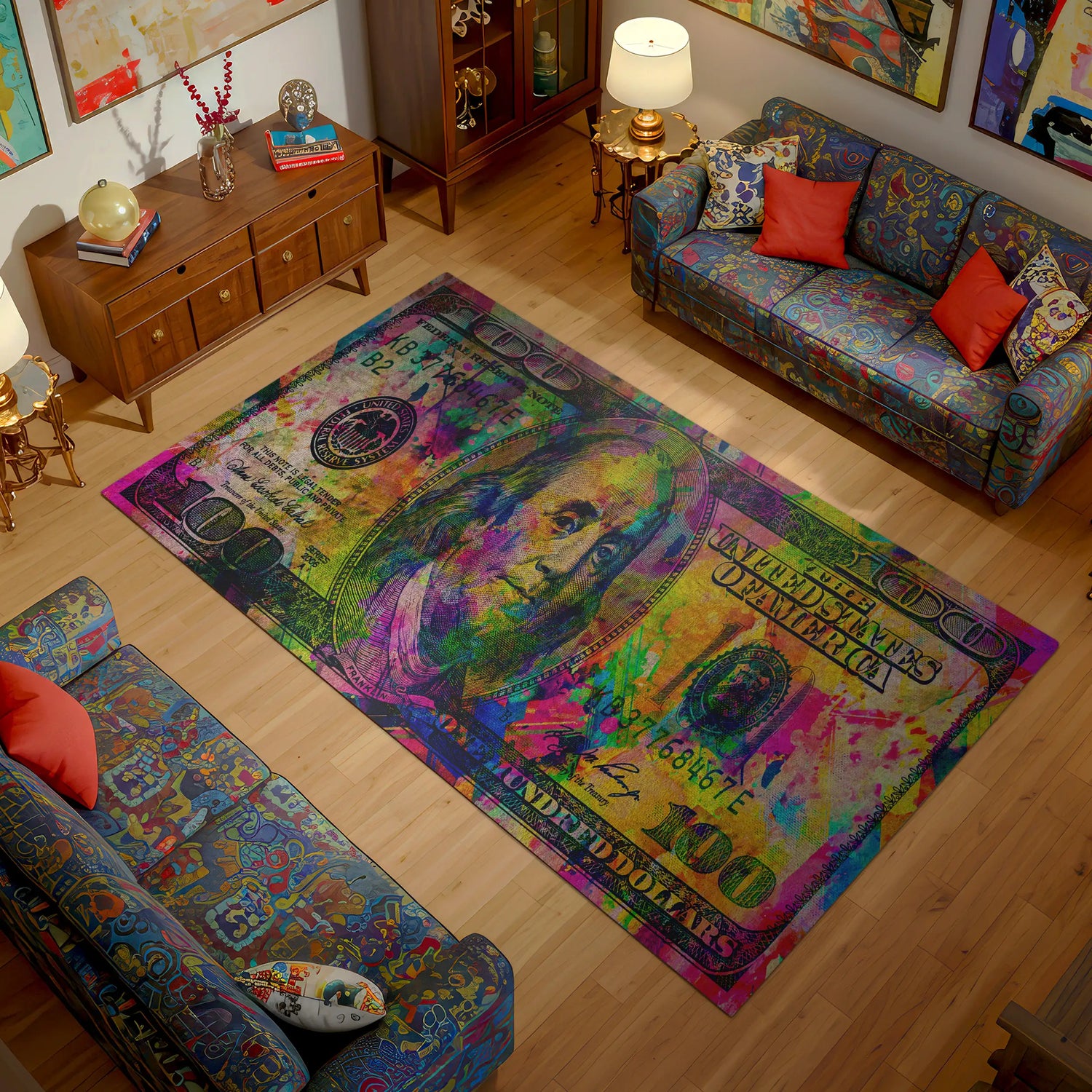 Colorful abstract rug on a wooden floor with patterned furniture.