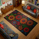 Living room with a colorful floral rug and patterned furniture.