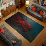 Living room with a dragon rug on a wooden floor
