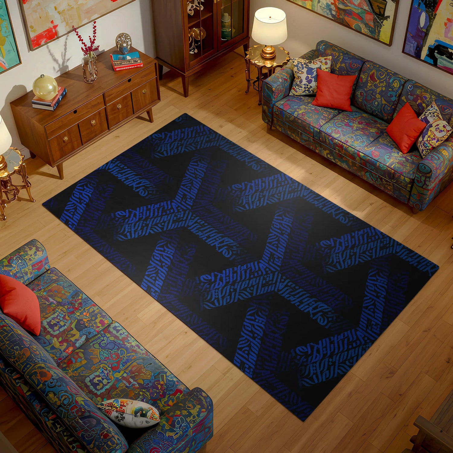 Machine-washable dark geometric rug for living room decor