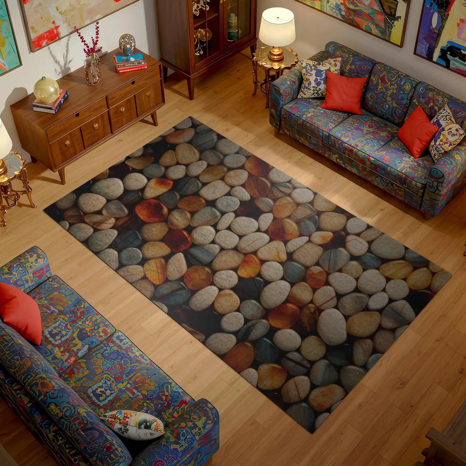 Living room with patterned rug, colorful couches, and decorative items.