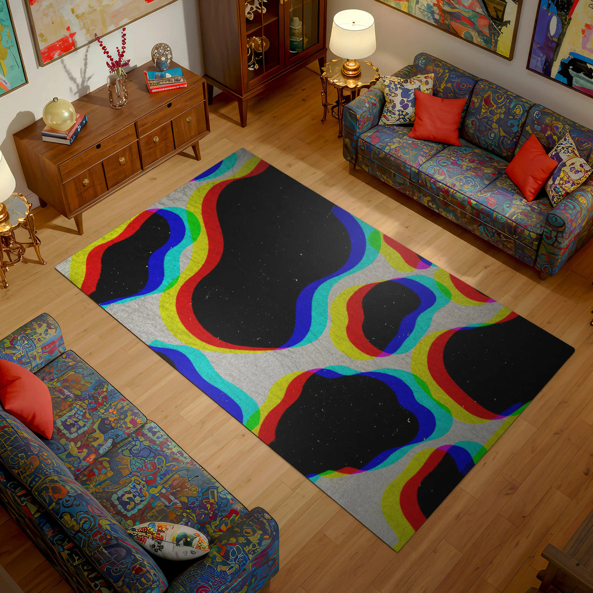 Living room with a colorful abstract rug on wooden flooring