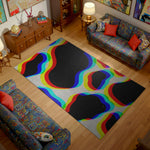 Living room with a colorful abstract rug on wooden flooring