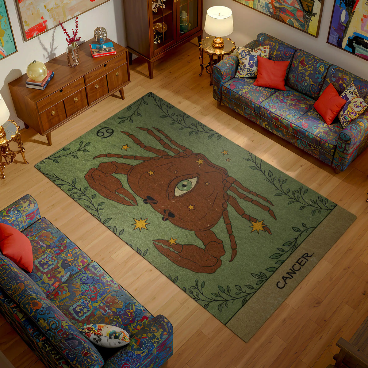 Living room with a colorful rug featuring a crab design and 'Cancer' text.