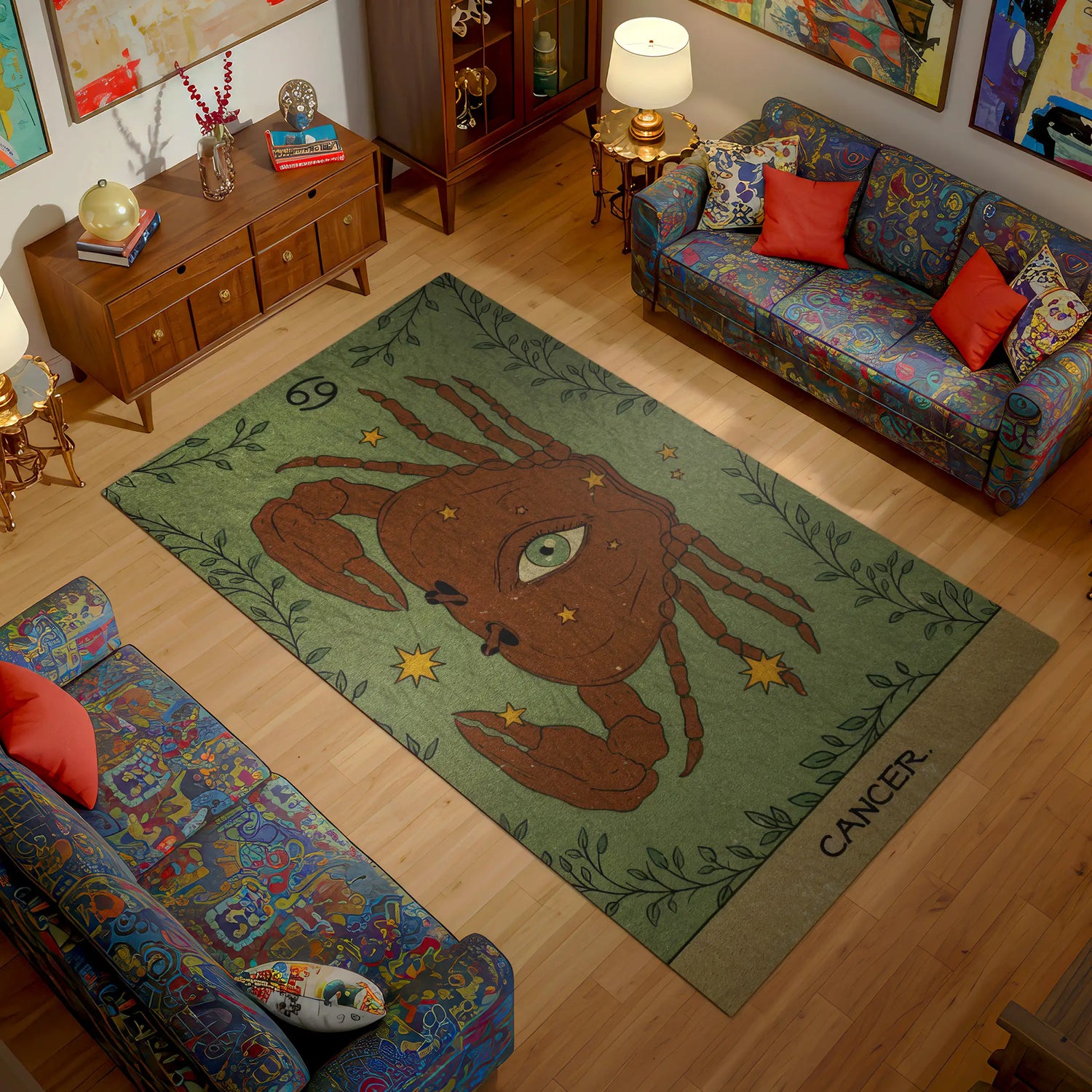 Living room with a colorful rug featuring a crab design and 'Cancer' text.