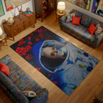 Living room with a colorful rug featuring a skull design, surrounded by patterned furniture.