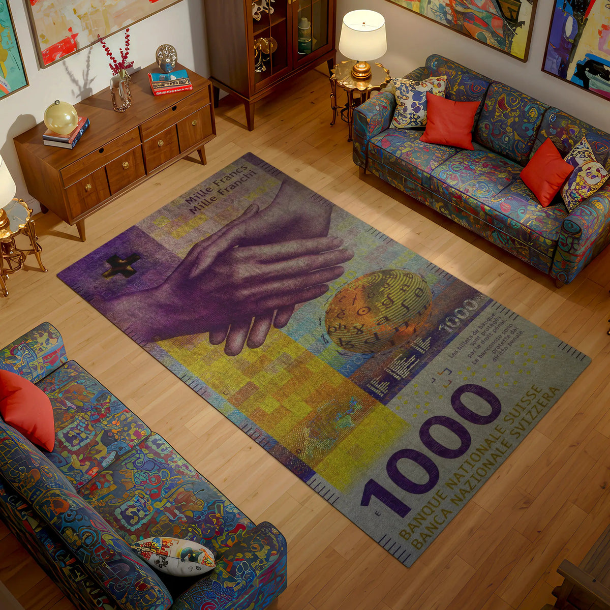 Living room with a colorful rug featuring hands and a globe, surrounded by patterned furniture.

