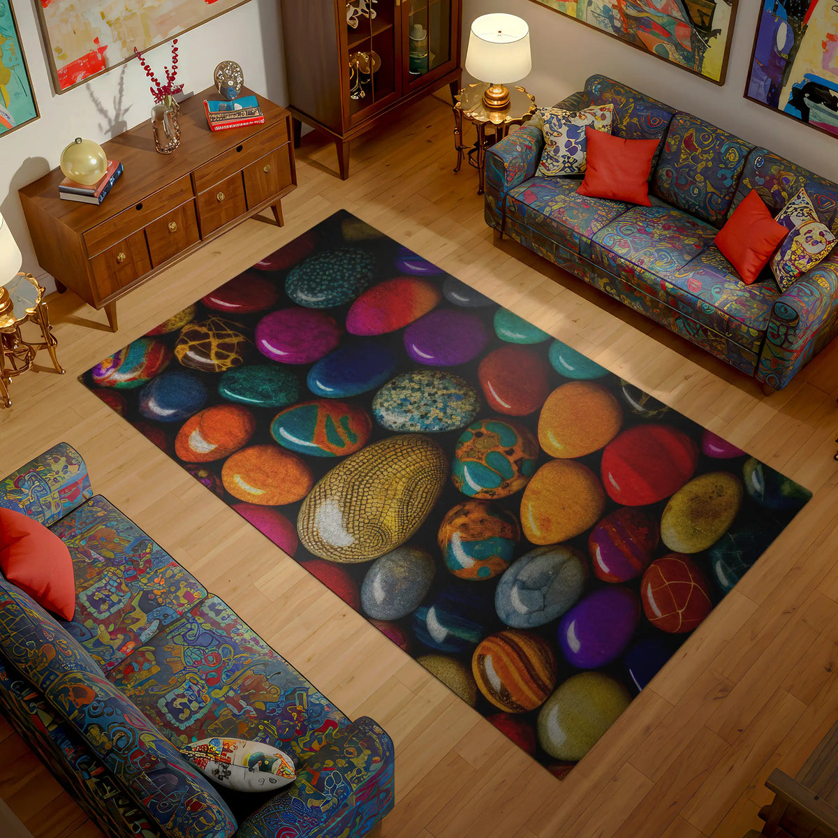 Living room with a colorful stone-patterned rug and patterned couches.