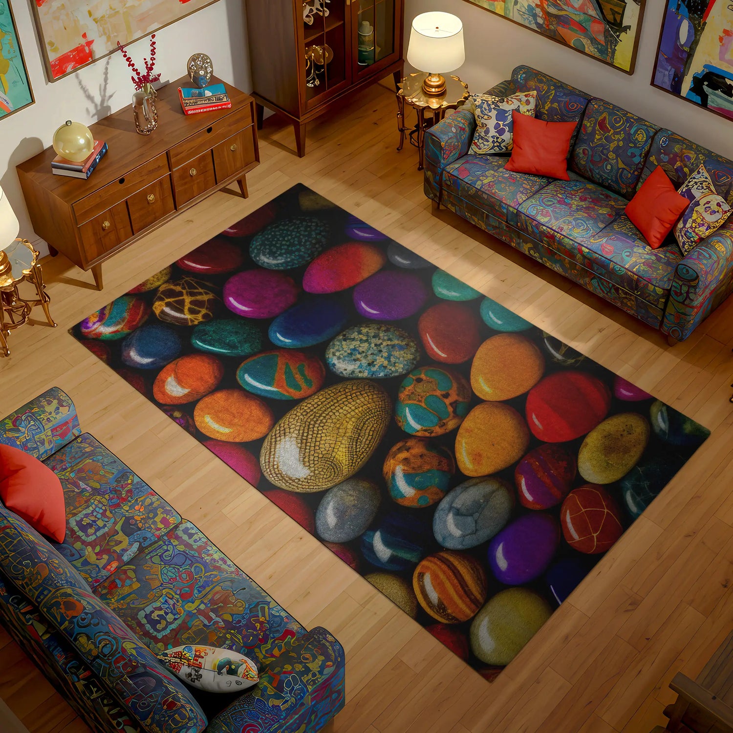 Living room with a colorful stone-patterned rug and patterned couches.