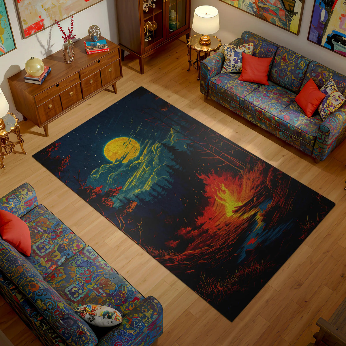 Living room with a colorful rug featuring a moon and star design, surrounded by patterned furniture.