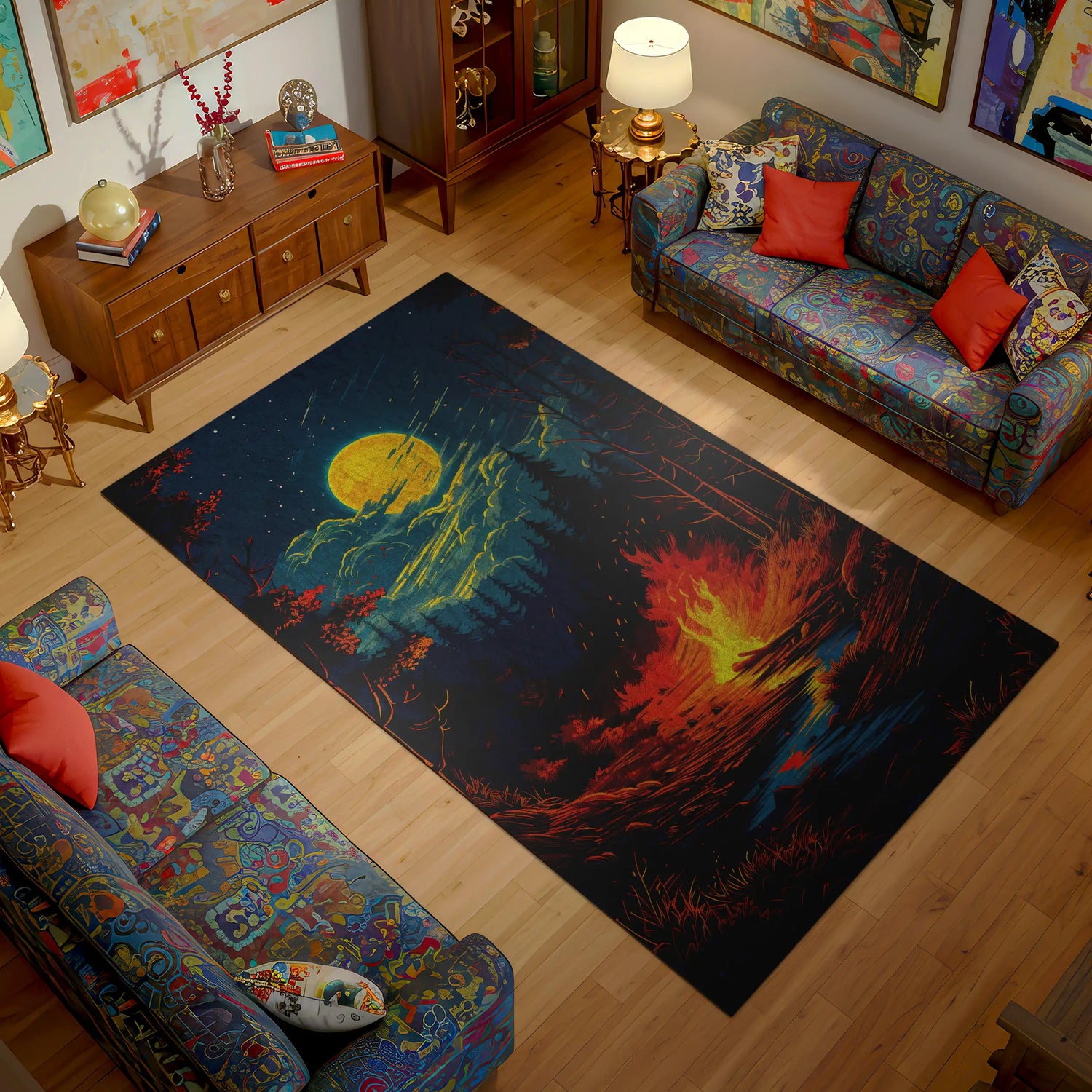 Living room with a colorful rug featuring a moon and star design, surrounded by patterned furniture.