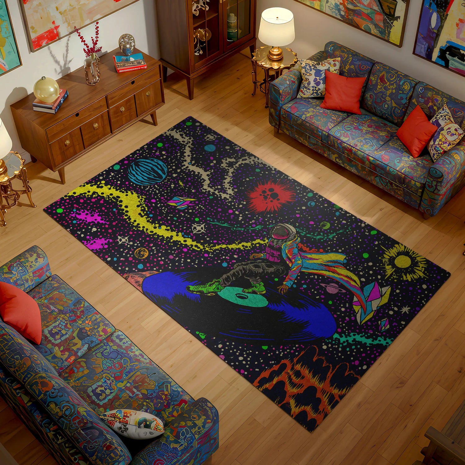 Colorful abstract rug in a living room with patterned furniture.