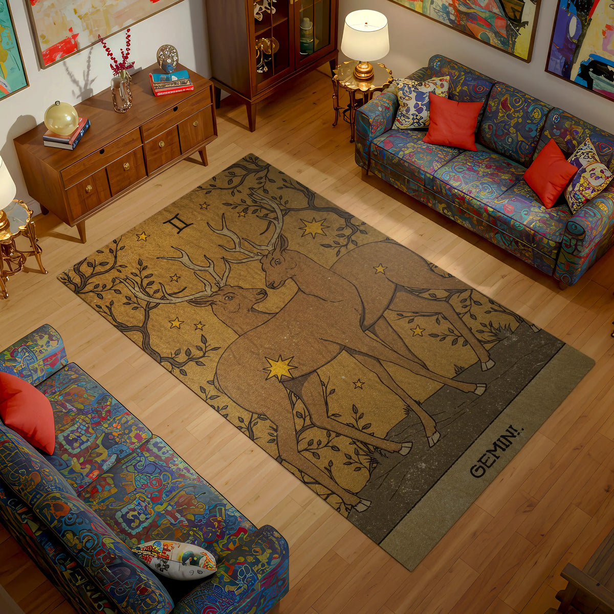 Living room with a rug featuring a deer design and 'Gemini' text, surrounded by colorful furniture.