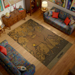 Living room with a rug featuring a deer design and 'Gemini' text, surrounded by colorful furniture.