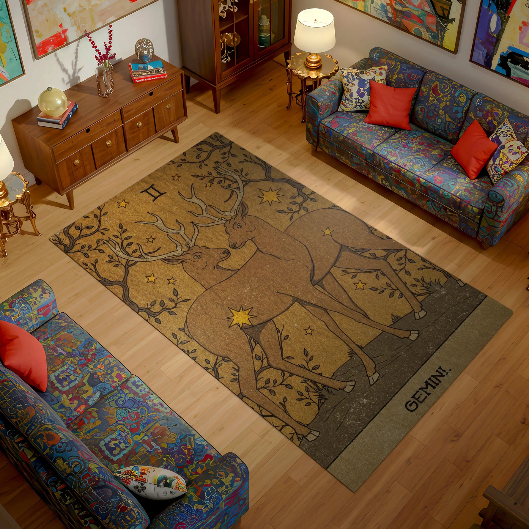 Living room with a rug featuring a deer design and 'Gemini' text, surrounded by colorful furniture.