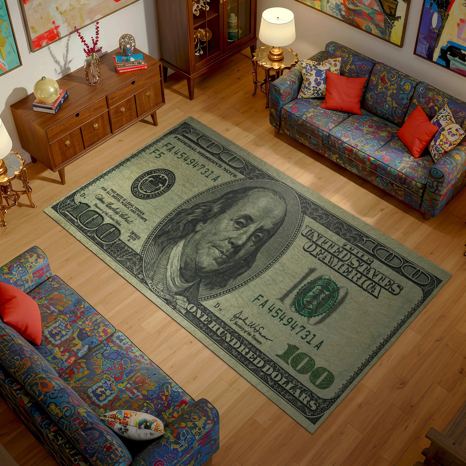 Pop Art Money Rug – $100 Dollar Bill Design