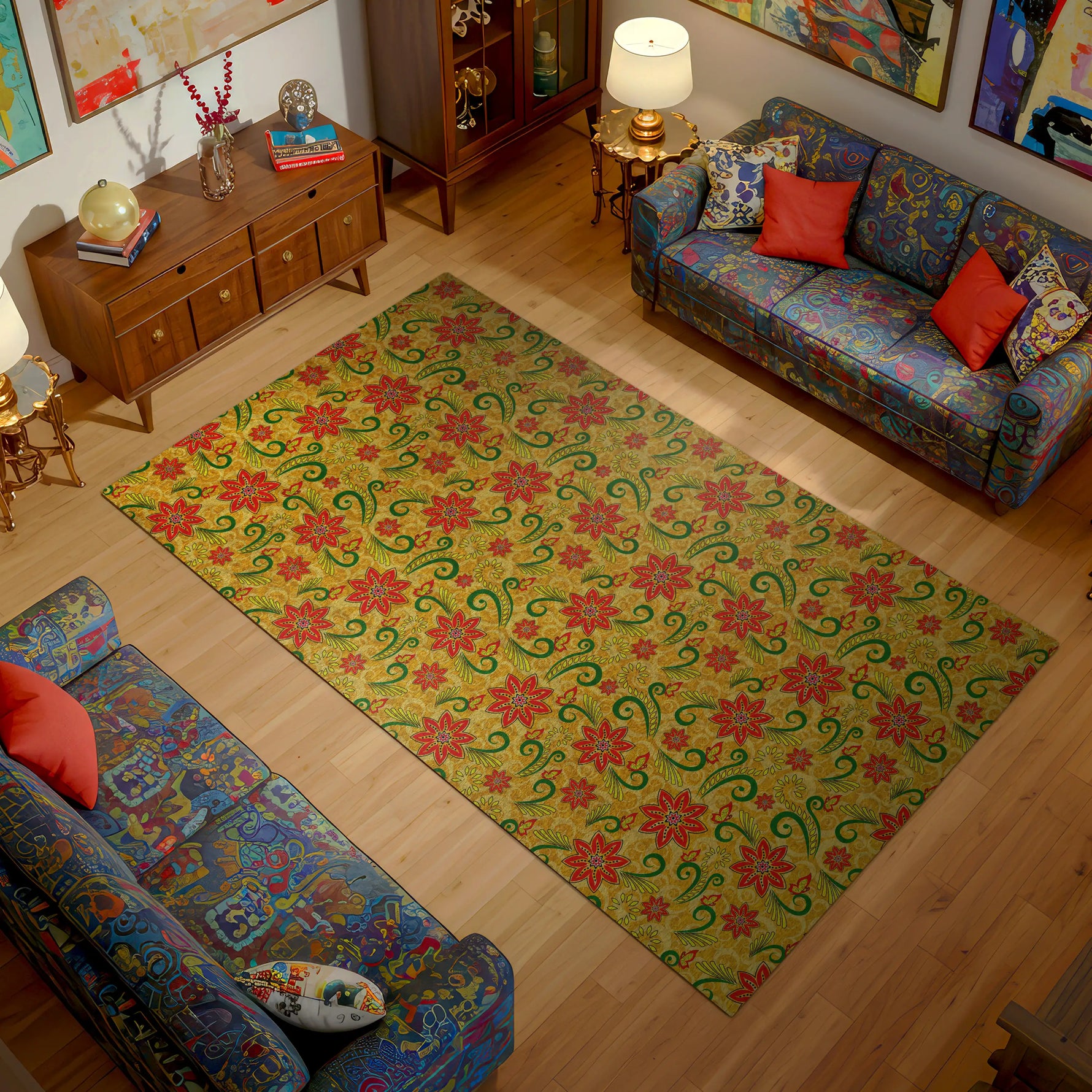 Living room with a colorful floral rug, patterned sofa, and wooden furniture.