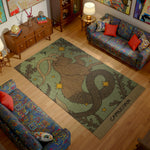 Living room with a Capricorn-themed rug on a wooden floor