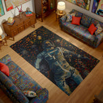 Living room with a large rug featuring an astronaut design, surrounded by patterned furniture.