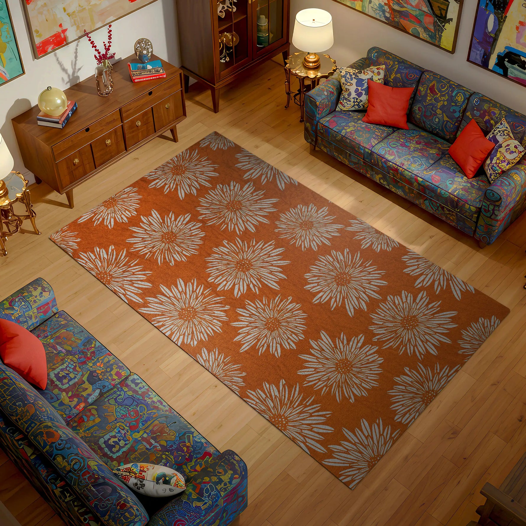 Living room with floral-patterned rug, colorful couches, and wooden furniture.