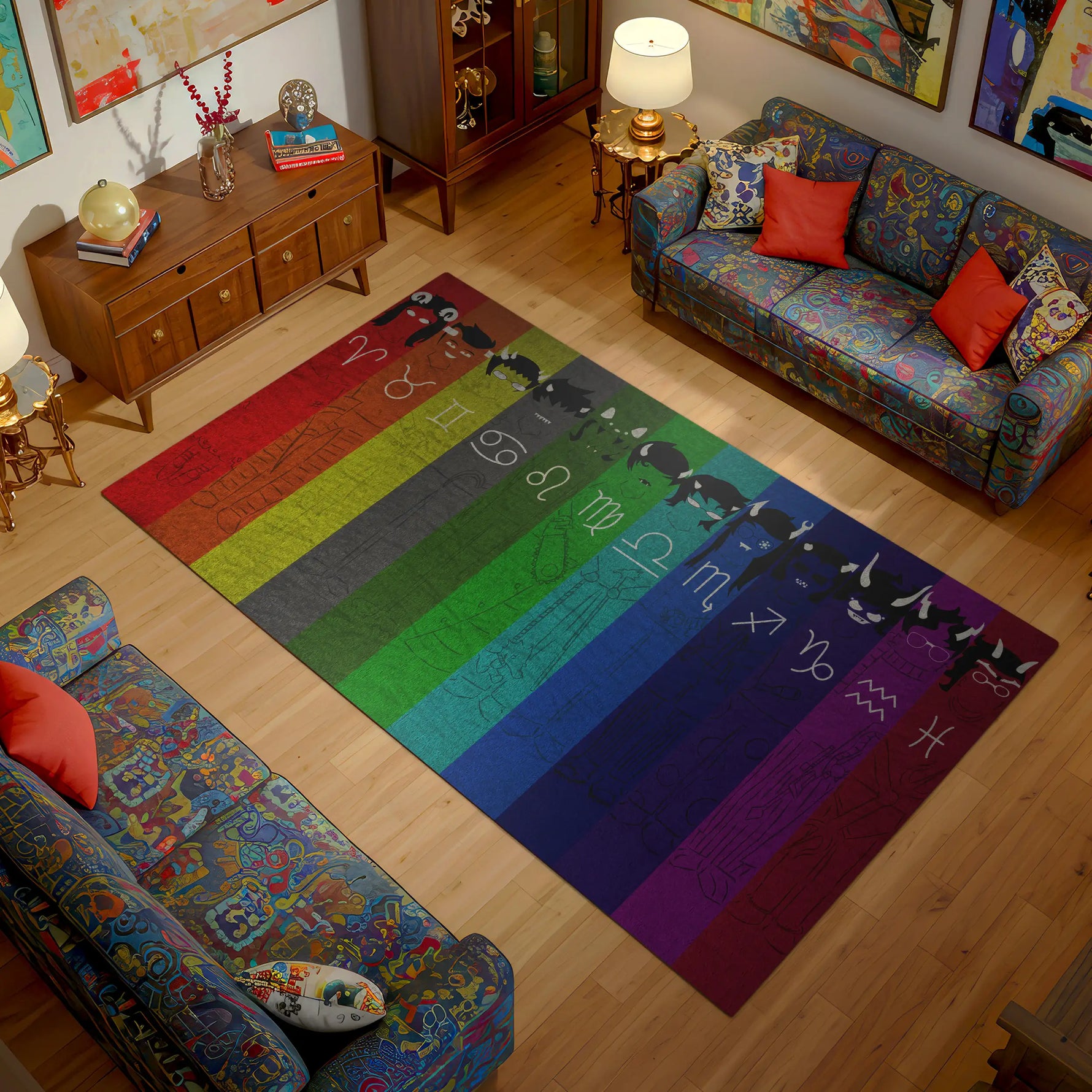 Colorful rug with geometric patterns in a living room setting