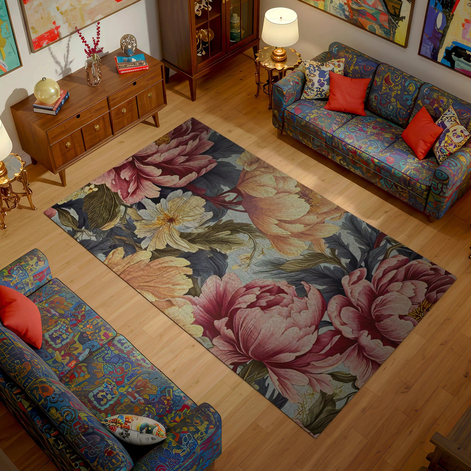 Living room with floral rug, colorful couches, and decorative items.