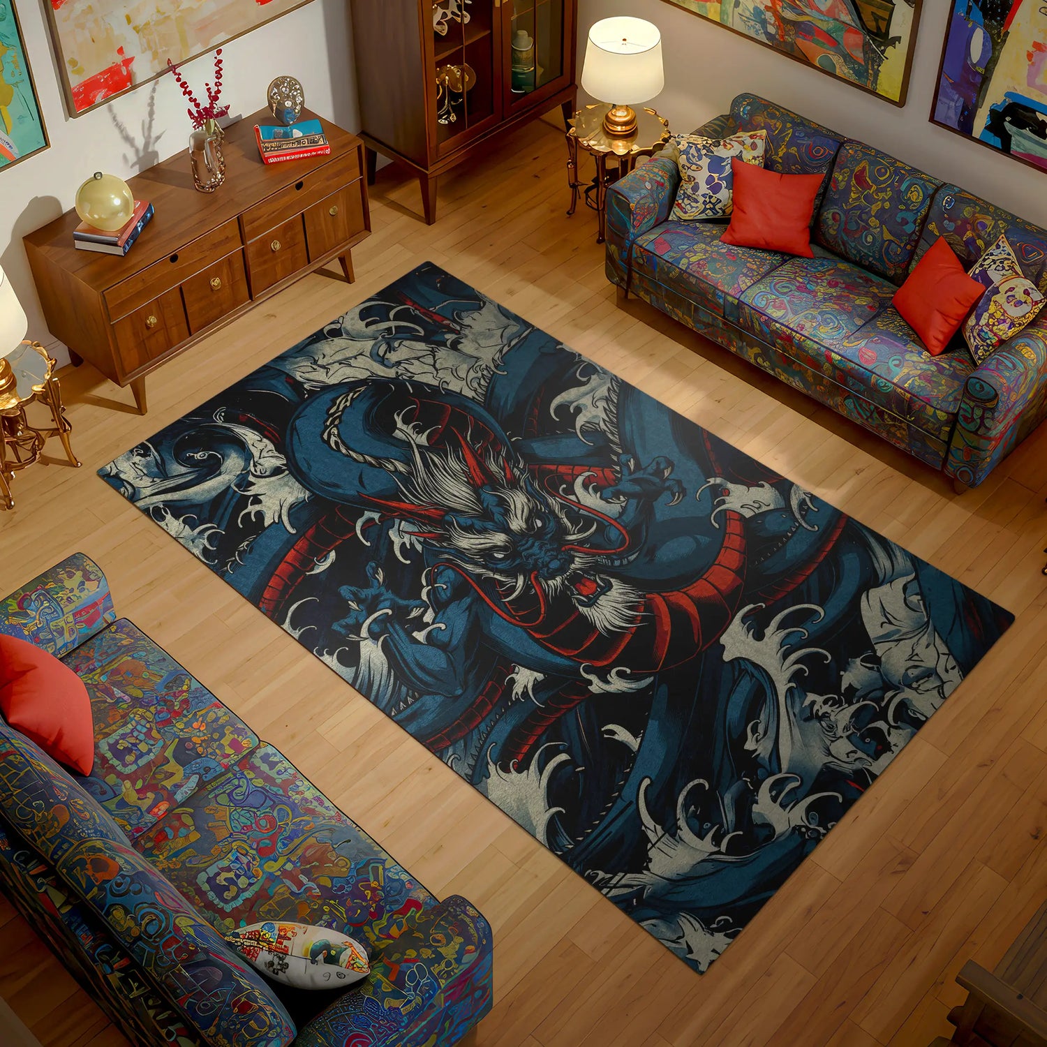 Japanese Blue Dragon Rug – Red Accents, Wave Art, Tattoo Style Carpet
